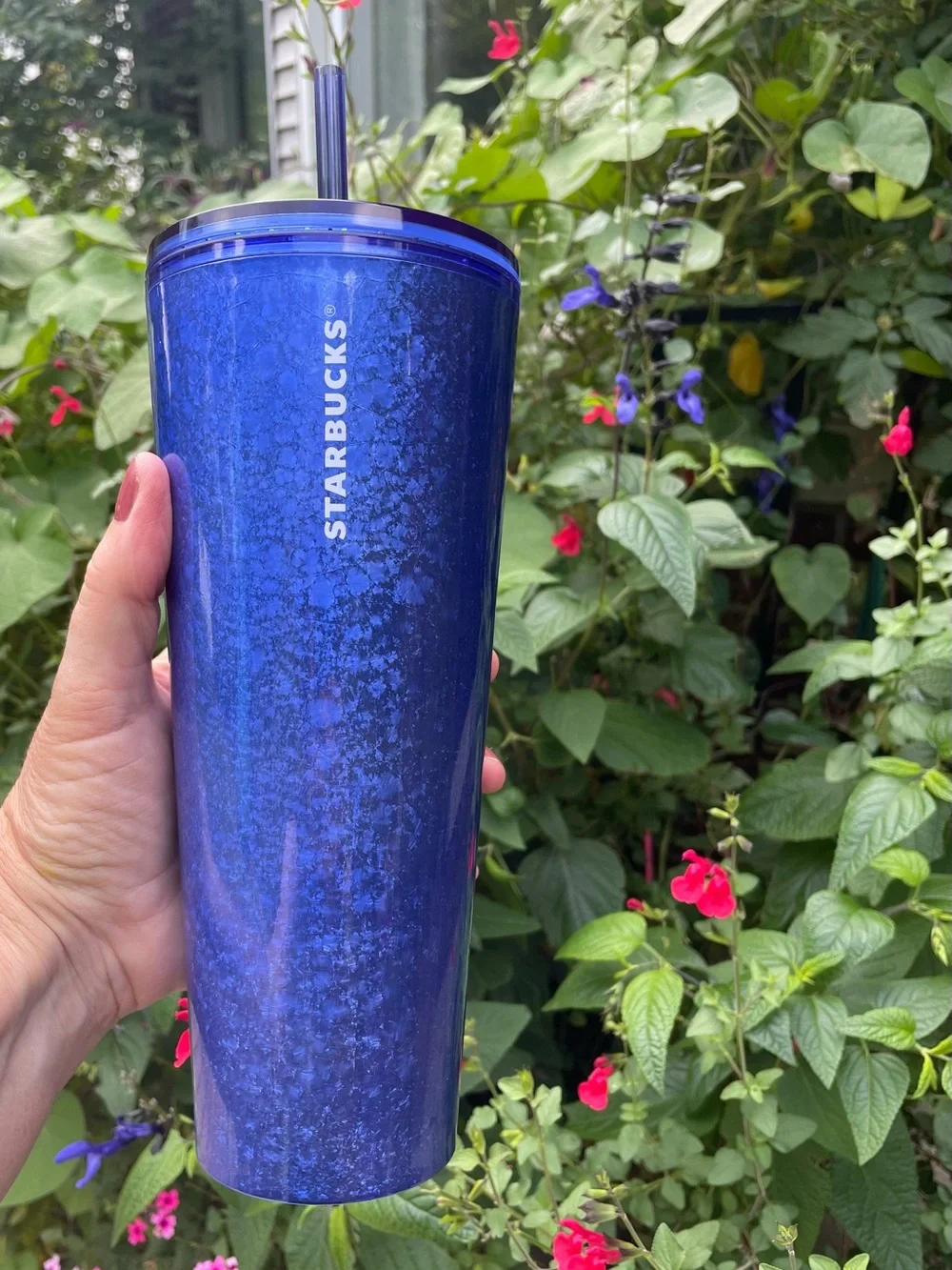 Starbucks Cobalt Blue Crackle Venti Cold Cup Tumbler 24 oz EUC
